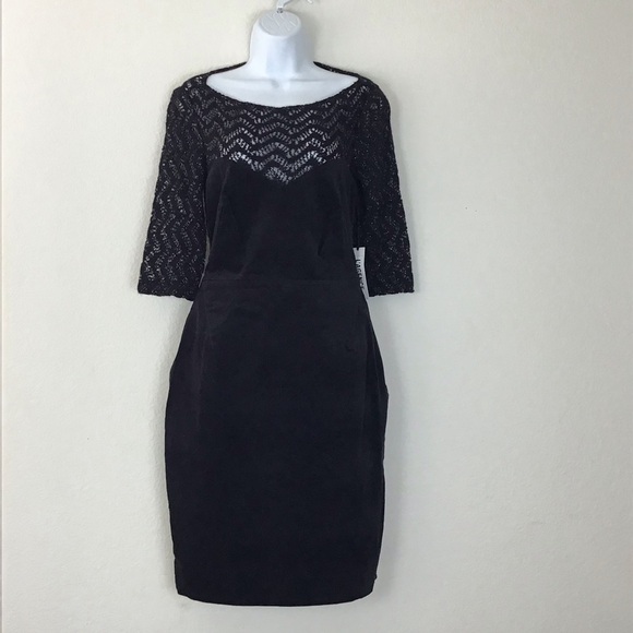 L’AGENCE Chevron Metallic Open Knit Yoke Velvet Pencil Dress Black Size 6 - Picture 2 of 12